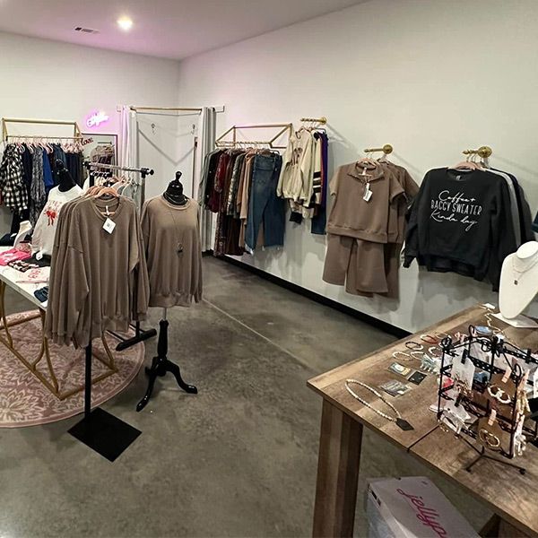 Clothing rack inside a boutique at Market Place Center in Bryant, Arkansas