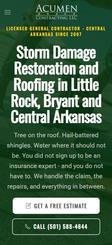 Acumen Contracting mobile website built by Lingo, Bryant storm damage restoration and roofing web design