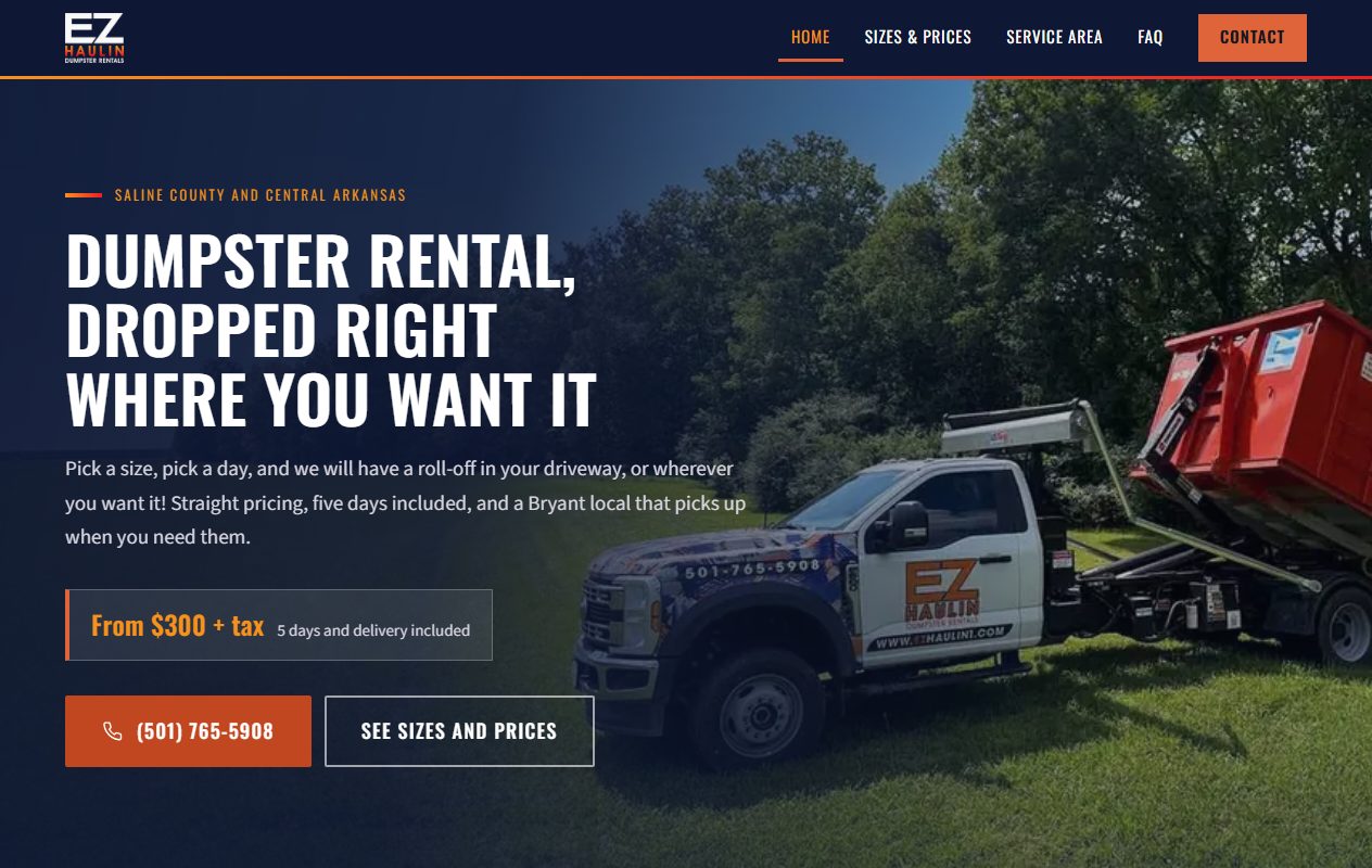 EZ Haulin Dumpster Rentals website built by Lingo, Saline County dumpster rental web design