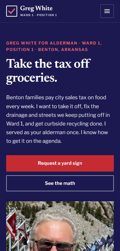 Greg White for Alderman mobile website built by Lingo, Benton city council campaign web design