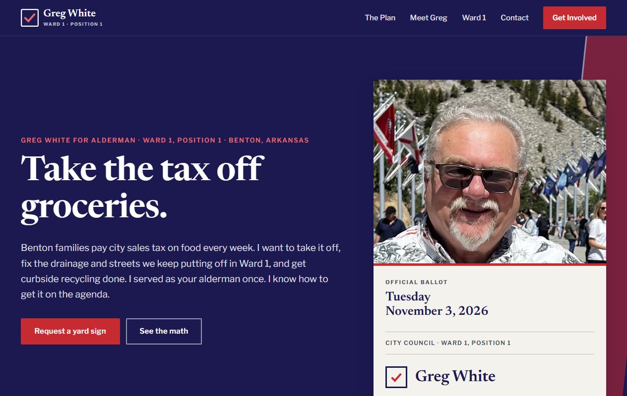 Greg White for Alderman website built by Lingo, Benton city council campaign web design