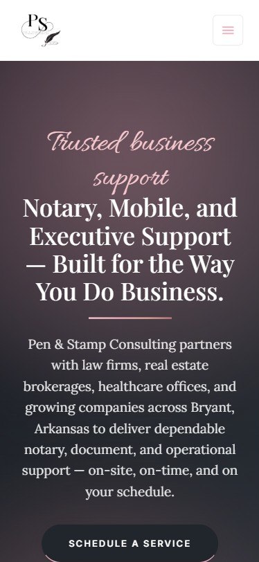 Pen and Stamp mobile website built by Lingo, Bryant Arkansas notary and executive support web design