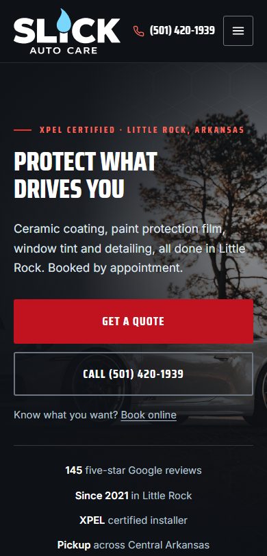Slick Auto Care mobile website built by Lingo, Little Rock ceramic coating and window tint web design