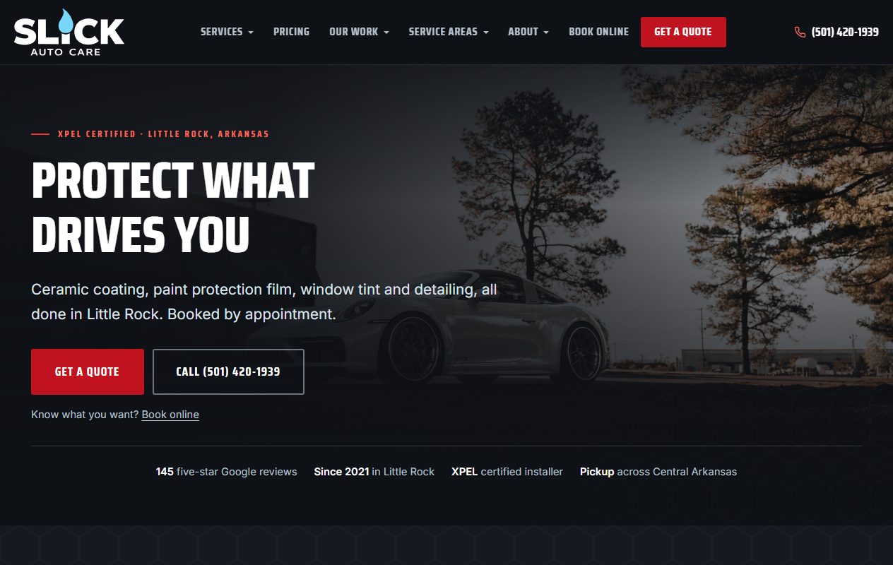 Slick Auto Care website built by Lingo, Little Rock ceramic coating and window tint web design