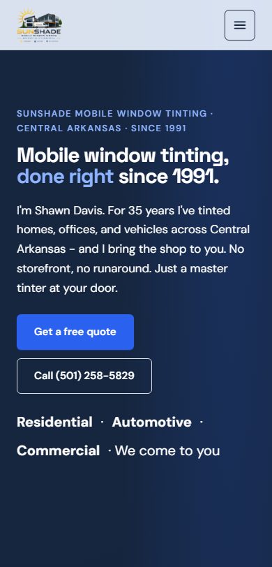 Sunshade Mobile Window Tinting mobile website built by Lingo, Central Arkansas mobile window tinting web design