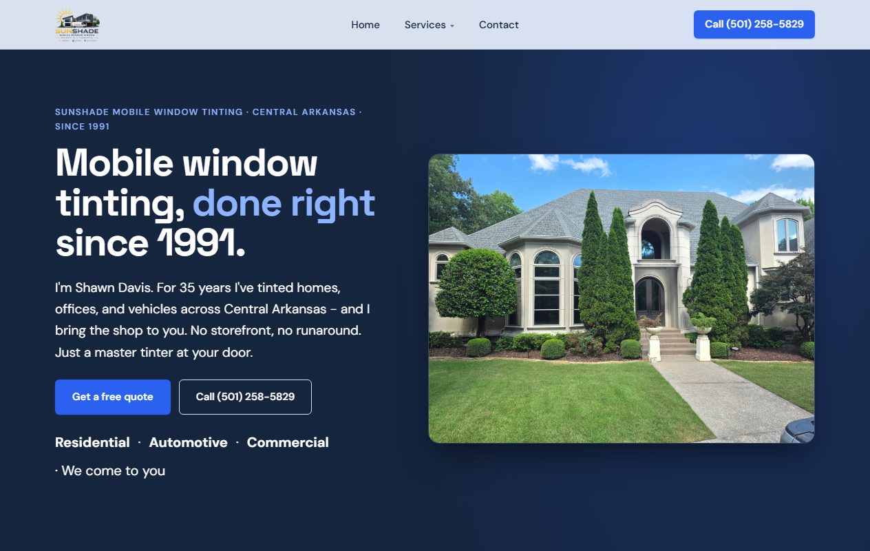 Sunshade Mobile Window Tinting website built by Lingo, Central Arkansas mobile window tinting web design