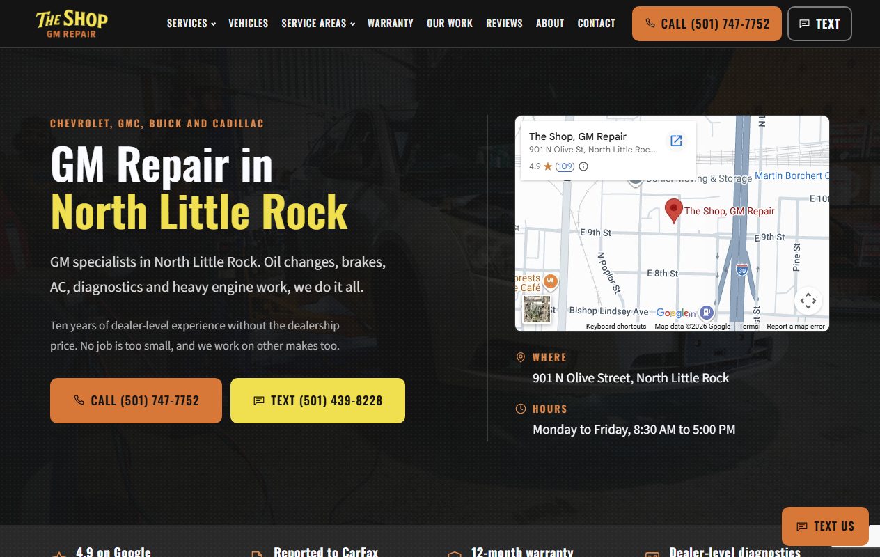 The Shop GM Repair website built by Lingo, North Little Rock GM auto repair web design